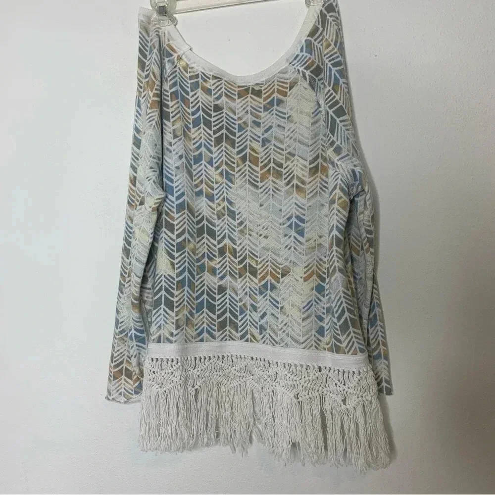 Free people geometric blue yellow white fringe macrame long sleeve top sz Large